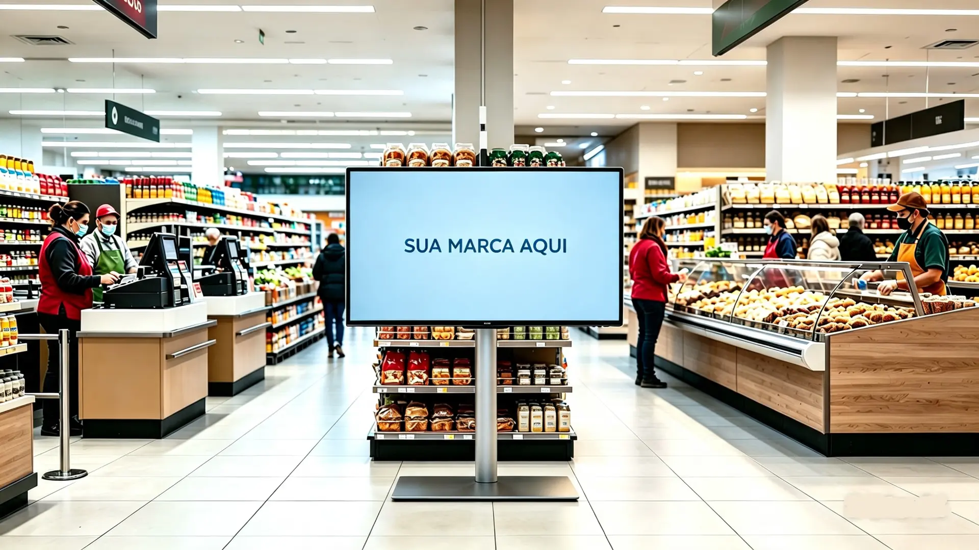 Tela publicitária digital em um supermercado movimentado