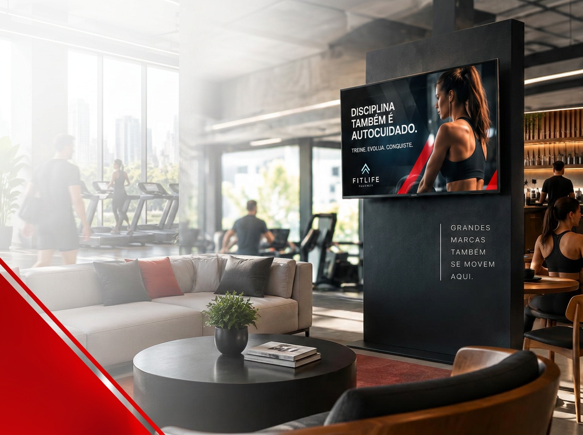 Academia moderna com tela digital exibindo campanha Fitlife